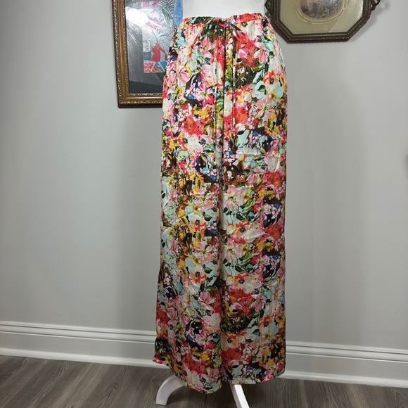 Lavender Brown Retro Bright Floral Satin Pants w/ Elastic Waist - SIZE M - Picture 2 of 6